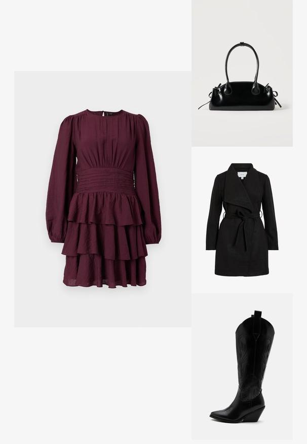 Zwarte trenchcoat met een wikkelontwerp, oversized kraag, ceintuurtje in de taille en twee zijzakken. Gemaakt van textiel met structuur voor warmte en stijl.; Bordeaux getailleerde jurk met lange pofmouwen, een smocktaille en een gestructureerde stof. Heeft ruches aan de zoom.; Zwarte leren cowboylaars met puntige neus, schuine blokhak, decoratieve stiksels en aantreklusjes bovenaan tegen een witte achtergrond.; Kleine zwarte glanzende handtas met twee lange hengsels en zijkant trekkoord details op een effen lichte achtergrond.