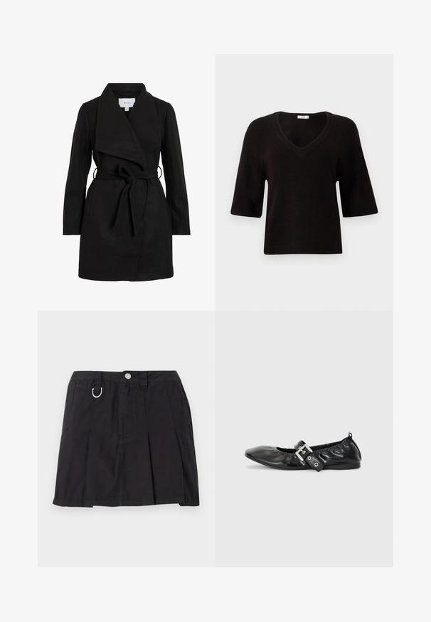 Čierny trench coat s prekrývajúcim dizajnom, veľkým golierom, opaskom v páse a dvoma bočnými vreckami. Vyrobený z textúrneho materiálu pre teplo a štýl.; Čierny pletený sveter s V-výstrihom, krátkymi rukávmi a voľným strihom. Mäkká textúra s rebrovanými detailmi na leme a rukávoch.; Čierna plisovaná sukňa z bavlny, s predným zapínaním na gombíky, pútkami na opasok a D-krúžkovým detailom na páse.; Čierna kožená plochá obuv s špicatou špičkou, zberaným detailom okolo otvoru a strieborným prackovým akcentom na nastaviteľnom remienku.