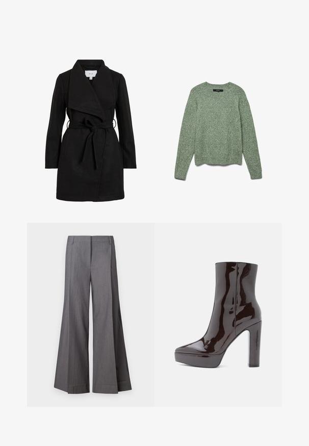 Čierny trench coat s prekrývajúcim dizajnom, veľkým golierom, opaskom v páse a dvoma bočnými vreckami. Vyrobený z textúrneho materiálu pre teplo a štýl.; Textúrovaný sveter v svetlozelenej farbe s okrúhlym výstrihom, dlhými rukávmi a rebrovaným lemom. Má voľný strih a jemný vzor po celom povrchu.; Šedé široké nohavice vyrobené z textúrovanej látky, s vysokým pásom a prednými záhybmi. Spodný lem je čisto dokončený bez ďalších akcentov.; Lesklé čierne členkové čižmy s vysokým blokovým podpätkom a platformou. Hladká textúra, okrúly špička a hladký silueta. Žiadne viditeľné kovanie.