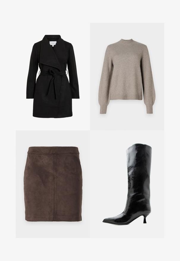 Čierny trench coat s prekrývajúcim dizajnom, veľkým golierom, opaskom v páse a dvoma bočnými vreckami. Vyrobený z textúrneho materiálu pre teplo a štýl.; Béžový pletený sveter s rebrovaným stojáčikom, dlhými puff rukávmi a rebrovanými manžetami a lemom na bielom pozadí.; Hnedá semišová mini sukňa s hladkým povrchom, zúženým strihom a plochým pásom, s vertikálnymi švami pre štruktúru.; Čierna lesklá kožená čižma po kolená so špicatou špičkou a nízkym zakriveným opätkom na jednoduchom svetlom pozadí.