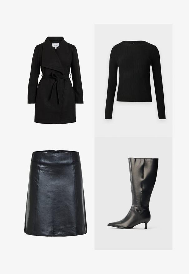 Čierny trench coat s prekrývajúcim dizajnom, veľkým golierom, opaskom v páse a dvoma bočnými vreckami. Vyrobený z textúrneho materiálu pre teplo a štýl.; Čierny rebrovaný pulóver s dlhým rukávom, priliehajúci, s okrúhlym výstrihom, vystavený na jednoduchom svetlom pozadí.; Čierna kožená sukňa strihu A s viditeľným prešívaním a miernym leskom, s vysokým pásom a krátkym lemom.; Čierna kožená čižma po kolená so špicatou špičkou a nízkym podpätkom typu kitten, zobrazená na jednoduchom svetlom pozadí.