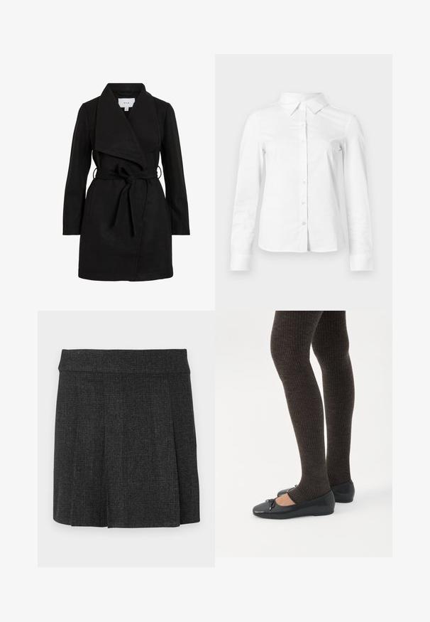 Zwarte trenchcoat met een wikkelontwerp, oversized kraag, ceintuurtje in de taille en twee zijzakken. Gemaakt van textiel met structuur voor warmte en stijl.; Witte blouse met lange mouwen en knopen, met puntige kraag, rechte zoom en aansluitende silhouet, weergegeven op een effen lichte achtergrond.; Zwarte, geplooide rok van textuurstof. Middenhoge tailleband met strakke lijnen. Klassieke snit geschikt voor verschillende gelegenheden.; Benen met donkere geribbelde leggings gecombineerd met zwarte ballerina's met kleine strikdetails op een witte achtergrond.