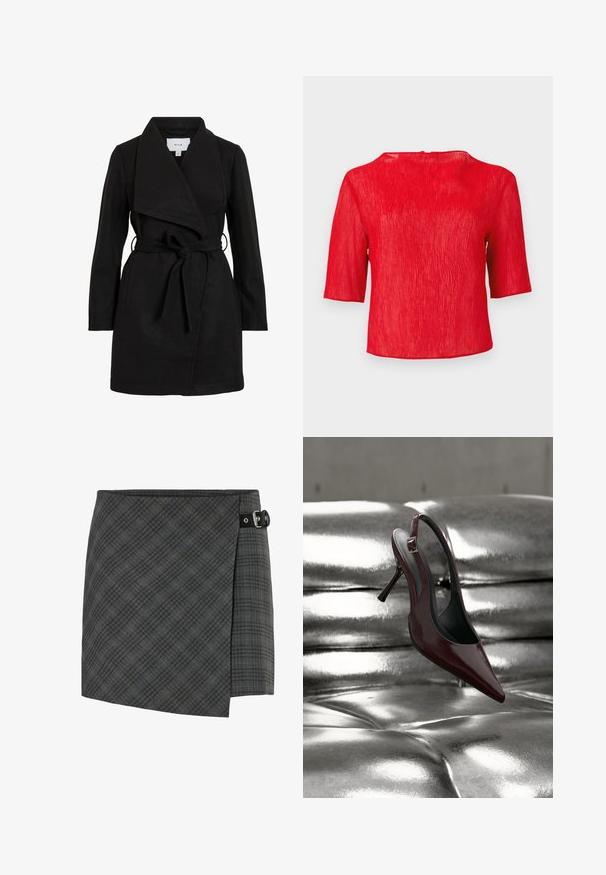 Zwarte trenchcoat met een wikkelontwerp, oversized kraag, ceintuurtje in de taille en twee zijzakken. Gemaakt van textiel met structuur voor warmte en stijl.; Rode, gestructureerde blouse met korte mouwen en een ronde halslijn, met een iets losse pasvorm, op een effen achtergrond.; Donkergrijze geruite wollen wikkelrok met zwarte gespdetail aan de rechterzijde, rechte zoom en subtiele diagonale lijnenpatroon.; Donkerrode slingback hoge hak schoen met puntige neus, rustend op een glanzend metalen zilverkleurig gevoerd oppervlak.