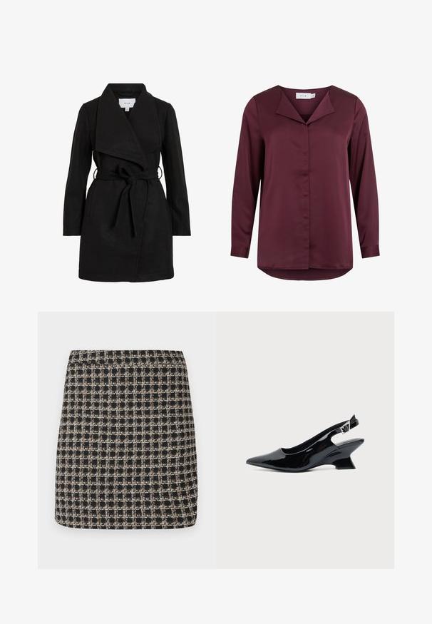 Schwarzer Trenchcoat mit Wickeldesign, übergroßem Kragen, tailliertem Gürtel und zwei Seitentaschen. Hergestellt aus strukturiertem Stoff für Wärme und Stil.; Dunkelburgunderfarbene Langarmbluse mit umgeschlagenem Kragen und verdeckter Knopfleiste vorne, aus glattem Stoff.; Schwarzer und beiger kariert Minirock mit strukturiertem Gewebe und glattem Bund, der eine strukturierte Passform und ein einfaches Design aufweist.; Schwarzer Slingback-Schuh aus Lackleder mit spitzer Spitze und niedrigem, schrägem Blockabsatz auf einfachem hellem Hintergrund.