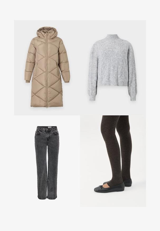 Manteau en duvet matelassé beige long avec capuche, fermeture éclair frontale complète, deux poches latérales zippées et poignets côtelés.; Pull en maille gris clair avec un col haut, un design cropped, un motif texturé et des poignets côtelés. Tissu doux avec une coupe ample.; Jeans en denim noir au design droit, avec poches avant, passants de ceinture et une texture légèrement délavée.; Jambes portant des leggings côtelés foncés associés à des ballerines noires avec de petits détails en nœud sur fond blanc.