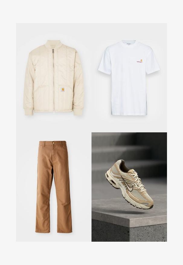 Light beige bomber jacket with a front zipper, ribbed collar and cuffs, two pockets, and vertical stitching patterns. Carhartt logo on pocket.; White cotton t-shirt with short sleeves. Designed with a small orange and maroon logo on the left chest. Features a classic crew neck.; Brown straight-leg pants with belt loops, front pockets, button closure, and zipper fly on a white background.; Beige and white Nike running shoe with mesh panels and black swoosh, floating above a concrete ledge with blurred stairs in the background.