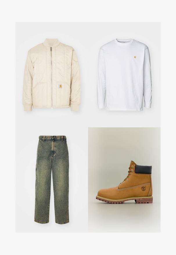 Light beige bomber jacket with a front zipper, ribbed collar and cuffs, two pockets, and vertical stitching patterns. Carhartt logo on pocket.; White long-sleeve t-shirt made of cotton. Features a small golden logo on the chest and a crew neckline. Simple design and standard fit.; Baggy denim jeans in a faded blue and green wash. Features a button closure, belt loops, and side pockets. Flat front and straight leg design.; Brown leather ankle boot with black collar, yellow laces, and tan sole. Features logo and white stitching detail. Rugged traction outsole.