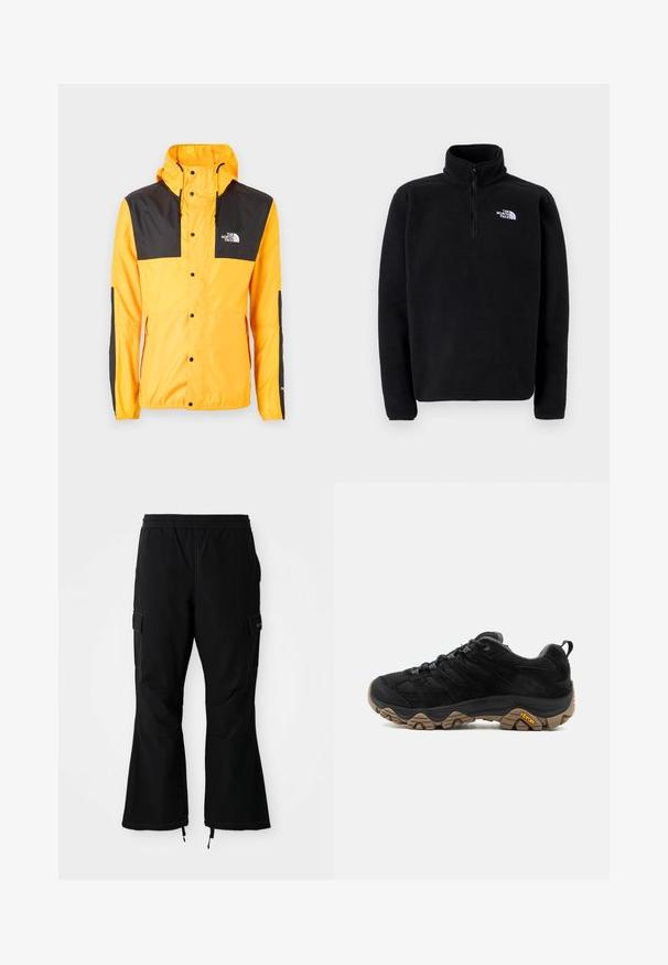The North Face SEASONAL MOUNTAIN JACKET - Leichte Jacke - summit gold/black; The North Face SHISPARE ZIP - Fleecepullover - black; Schwarze Cargo-Hosen mit elastischem Bund, ausgestattet mit Seitentaschen und ausladenden Beinen mit Reißverschlüssen an den Beinabschlüssen, vor einem weißen Hintergrund präsentiert.; Schwarzer Wanderschuh mit robuster brauner Vibram-Sohle, Mesh- und Wildleder-Obermaterial, Schnürdesign und hinterer Zuglasche, von der Außenseite gezeigt.