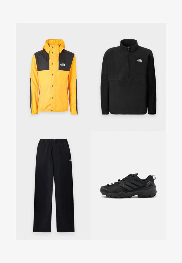 The North Face SEASONAL MOUNTAIN JACKET - Let jakke / Sommerjakker - summit gold/black; Sort fleece pullover med høj krave, halv lynlås foran og en lomme på venstre bryst. Har struktureret stof og et logo på lommen.; Sorte bukser med elastik i taljen og lige ben, med lille hvidt logo på øverste højre lår, vist fladt på lys baggrund.; Sort atletisk sko med en tekstureret mesh-overdel, kontrasterende syntetiske accenter og en robust gummisål. Har et sikkert snøresystem og bageste loop.