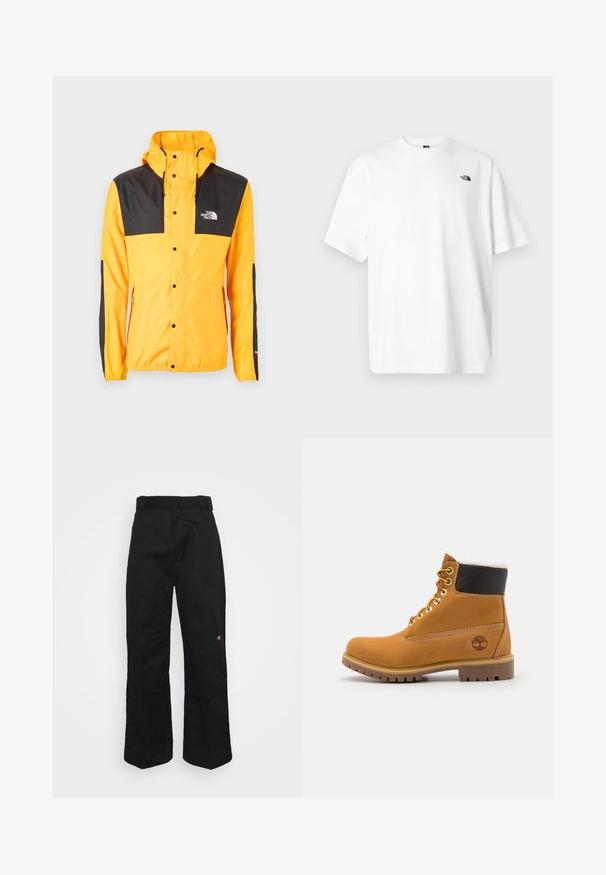 The North Face SEASONAL MOUNTAIN JACKET - Lichte jas - summit gold/black; Wit katoenen T-shirt met korte mouwen, V-halsontwerp, met een klein zwart logo aan de linker bovenzijde. Zachte textuur, comfortabele pasvorm.; Zwarte broek gemaakt van stevig stof, met een rechte pijpvorm, riemlussen en een klein logo aan de onderzijde.; Bruine leren enkellaars met metalen oogjes, witte faux bont voering, zwarte gewatteerde kraag, robuuste zool en een reliëflogo aan de zijkant.
