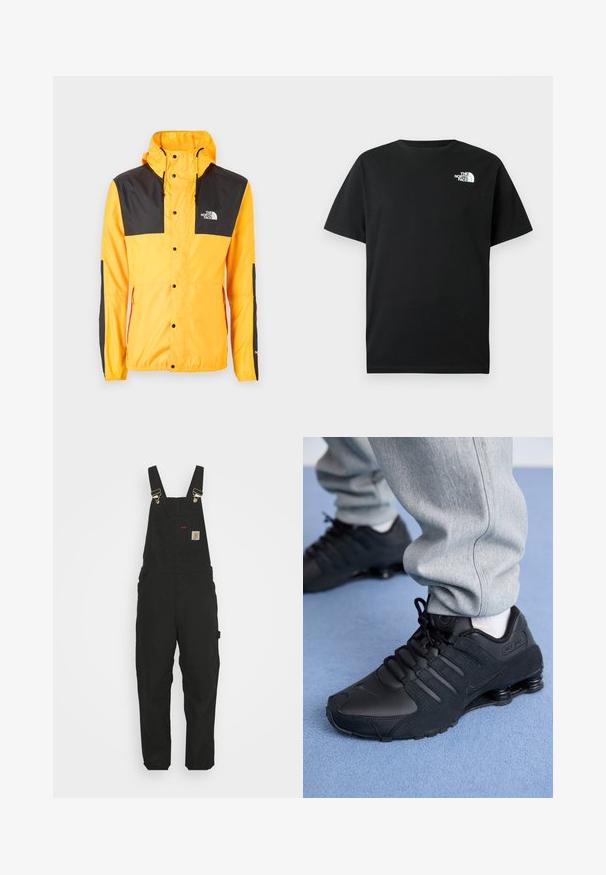 The North Face SEASONAL MOUNTAIN JACKET - Let jakke / Sommerjakker - summit gold/black; Sort bomulds-T-shirt med korte ærmer, rund hals og hvidt logo på venstre bryst. Enkel, ubesmykket design.; Sorte bomuldsoveralls med justerbare stropper, en forlommes med logo patch og to sidelommer i en afslappet pasform.; Person iført sorte Nike Shox sneakers og grå joggingbukser, der står på lyseblåt tæppe.