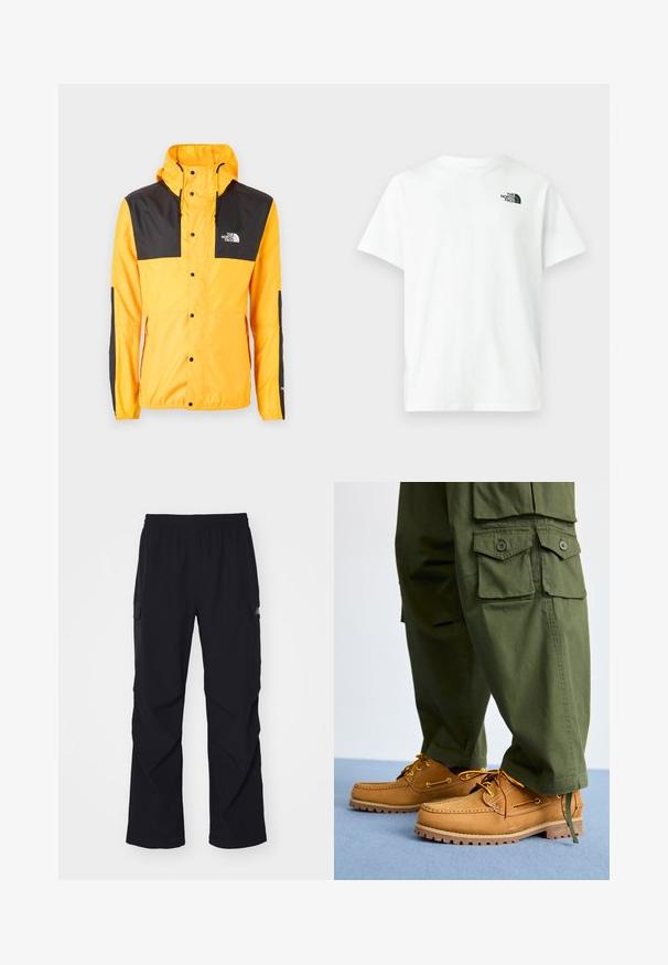 The North Face SEASONAL MOUNTAIN JACKET - Kevyt takki - summit gold/black; Valkoinen puuvillainen t-paita, jossa on lyhyet hihat ja pyöreä pääntie. Vasemmassa rinnassa pieni musta The North Face -logo.; Mustat cargo-housut, jotka on valmistettu kevyestä materiaalista. Niissä on joustava vyötärö, sivutaskut ja suorat lahkeet.; Timberland AUTHENTIC 3 EYE - Purjehduskengät - wheat