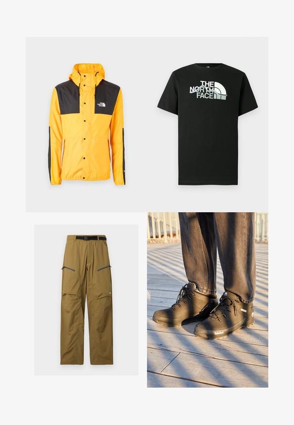 The North Face SEASONAL MOUNTAIN JACKET - Leichte Jacke - summit gold/black; Schwarzes T-Shirt aus Baumwolle mit einem aufgedruckten Logo in Weiß und Grau, kurzen Ärmeln und Rundhalsausschnitt.; Khakifarbene Outdoor-Hose mit schwarzem verstellbarem Gürtel, zwei Reißverschluss-Oberschenkeltaschen und Knie-Nähten, auf einfachem Hintergrund dargestellt.; Schwarze Timberland-Wanderstiefel mit hohem Schaft, strukturierten Oberflächen und runden Schnürsenkeln, vor einem Holzboden-Hintergrund.