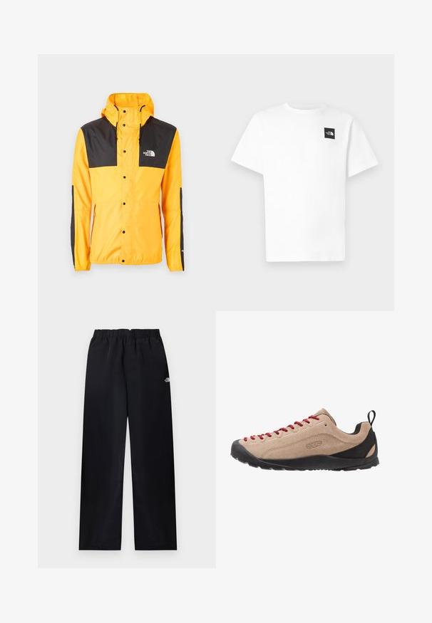 The North Face SEASONAL MOUNTAIN JACKET - Καλοκαιρινό μπουφάν - summit gold/black; Λευκό βαμβακερό T-shirt με κοντά μανίκια, με μαύρο τετράγωνο λογότυπο στο αριστερό στήθος και σχέδιο με λαιμόκοψη στρογγυλή.; Μαύρο παντελόνι με ελαστική μέση και ίσια γάμπα, με μικρό λευκό λογότυπο στο πάνω δεξί μηρό, εμφανιζόμενο επίπεδα σε ανοιχτό φόντο.; Μπεζ σουέτ χαμηλά παπούτσια με κόκκινες κορδόνες, μαύρη καουτσούκ σόλα και δίχτυ κοντά στη φτέρνα για αναπνοή και άνεση.