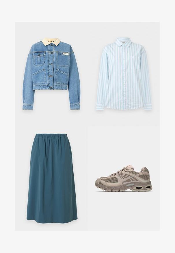 Veste en denim bleu clair avec col crème, cinq boutons devant, deux poches sur la poitrine et deux poches devant en bas, étiquette de la marque Columbia sur la poitrine.; Chemise à manches longues à rayures verticales bleu clair et blanches, avec une poche poitrine et un col classique.; Jupe bleue longueur genoux avec une ceinture élastique, tissu lisse et légers plis près du haut, présentée sur fond blanc.; Chaussure de sport beige avec tige en mesh, accents moulés, bout arrondi et amorti d'air visible dans la semelle. Lacets de couleur neutre.