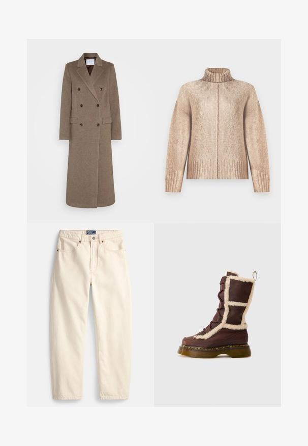 Manteau en laine marron à double boutonnage avec revers crantés, deux poches avant et boutons marron contrastants. Longueur atteignant le mollet.; Pull en tricot beige avec un col haut à côtes, des manches larges et un ourlet à côtes. Texture douce avec un léger motif chiné.; Jean de couleur crème en denim, présentant une coupe droite, des poches avant et un détail de surpiqûres. Fermeture avec bouton en métal et fermeture éclair.; Botte en cuir marron hauteur genou avec doublure en laine, détails en dentelle et semelle épaisse et texturée. Présente un accent de surfilage jaune.