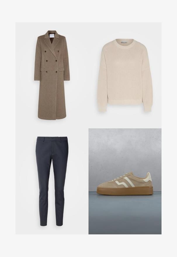 Manteau en laine marron à double boutonnage avec revers crantés, deux poches avant et boutons marron contrastants. Longueur atteignant le mollet.; Anna Field Pullover - grey; Pantalons navy sur mesure en tissu lisse. Présente une coupe slim, une taille standard et des poches avant. Design minimaliste sans ornements.; Baskets en daim beige avec accents en cuir blanc, design à lacets, et semelle en caoutchouc texturée. Présentées au-dessus d'une surface en bois.