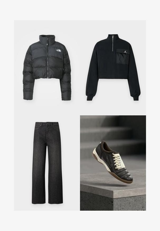 Korte zwarte pufferjack met een hoge kraag en een ritssluiting aan de voorkant. Beschikt over horizontaal gestikte panelen en een klein logo op de borst.; Zwarte cropped sweatshirt met lange mouwen, ribgebreide manchetten, een halve rits kraag en een grote klepzak met het witte Jumpman-logo op de borst.; Zwart wijde pijpen jeans met hoge taille, voorzakken, knoopsluiting en riemlussen, afgebeeld op een effen lichte achtergrond.; Donkerbruine leren sneaker met crèmekleurige veters, een gewatteerde kraag en een getextureerde neus. Voorzien van een rubberen zool en een zijwaarts geplaatst swoosh-logo.