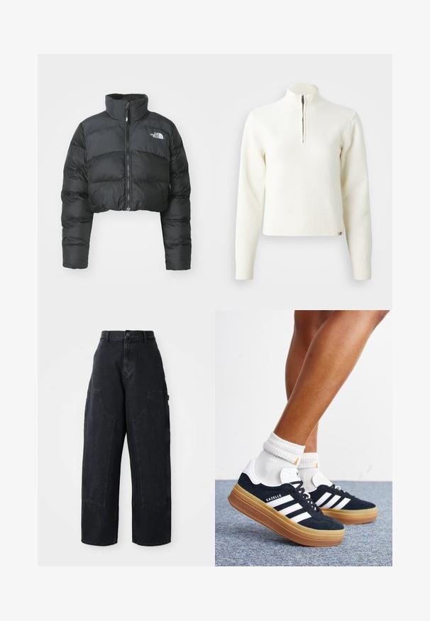 Afklippet sort pufferjakke med høj krave og frontlynlås. Har vandrette quiltede paneler og et lille logo på brystet.; Hvid, sweater med lynlås ved halsen og lange ærmer. Lavet af et blødt strikmateriale, med ribbede manchetter og kant. Diskret mærke-logo ved kanten.; Sorte denim cargo bukser med vidde og høj talje, to store forlommer og knaplukning i taljen. Glat tekstur, casual design.; Ben iført hvide sokker og sorte Adidas Gazelle sneakers med hvide striber og tykke brune såler på et gråt tæppe.