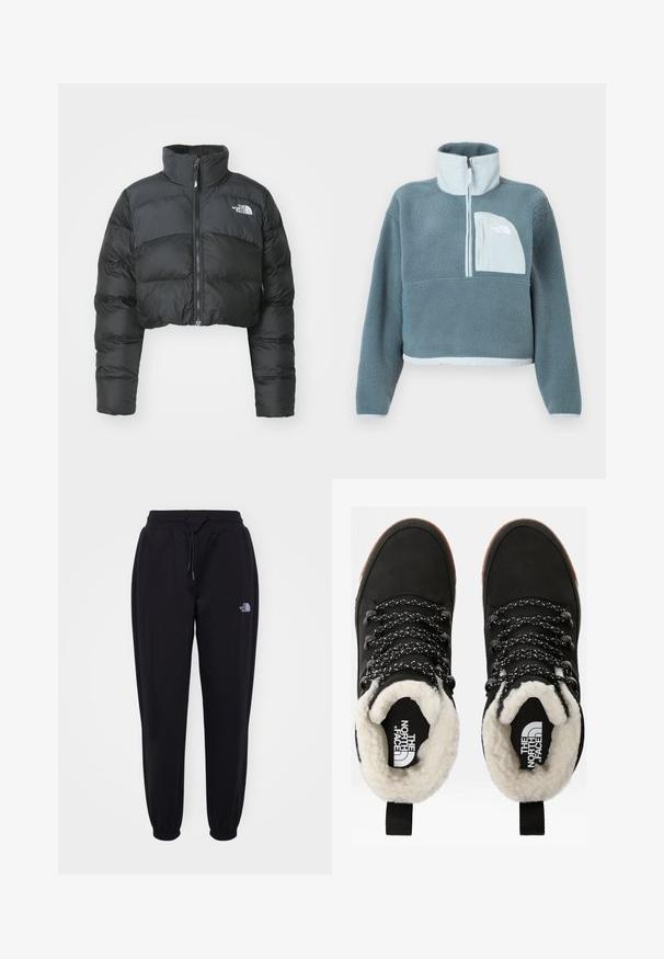 Gekürzte schwarze Daunenjacke mit hohem Kragen und Vorderreißverschluss. Sie verfügt über horizontale Stepppaneele und ein kleines Logo auf der Brust.; Blauer Fleece-Pullover mit halbem Reißverschluss, hohem Kragen und einer hellblauen Brusttasche mit dem Logo von The North Face.; Schwarze Jogginghose mit elastischem Bund und Bündchen, Kordelzug, seitlichen Taschen und kleinem weißen The North Face-Logo am rechten Oberschenkel.; Schwarze wasserdichte Knöchelstiefel mit einem Futter aus Kunstfell, strukturiertem Stoff, weiß-schwarzem Muster für die Schnürsenkel und einer Schlaufe an der Ferse.