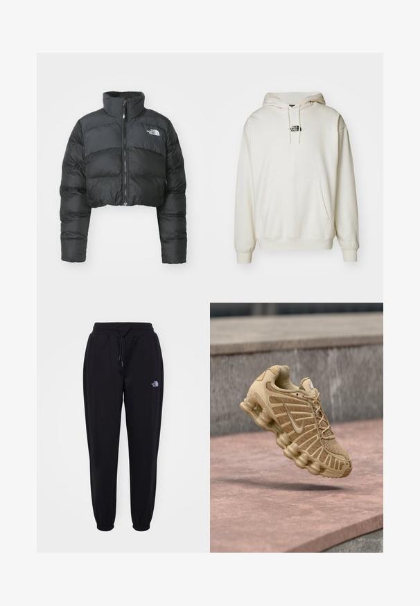 Afklippet sort pufferjakke med høj krave og frontlynlås. Har vandrette quiltede paneler og et lille logo på brystet.; Creme hoodie med frontlomme, justerbar snor i huen og lille sort logo på brystet. Blødt stof og ribbede manchetter.; Sorte joggingbukser med elastisk talje og manchetter, snoretræk, sidelommer og lille hvid The North Face-logo på højre lår.; Beige sportssko med meshoverdel og struktureret støtte, med en polstret sål med synlige air-enheder og teksturerede detaljer.