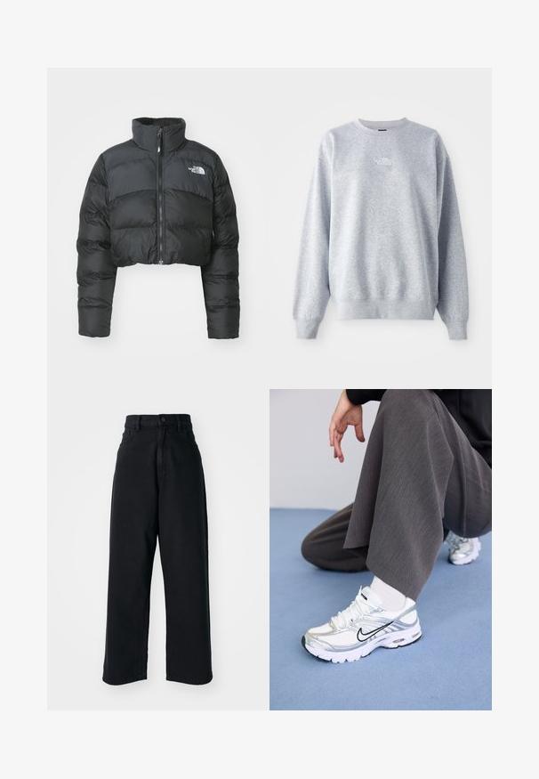Afklippet sort pufferjakke med høj krave og frontlynlås. Har vandrette quiltede paneler og et lille logo på brystet.; Grå sweatshirt med lange ærmer, rund halsudskæring, ribbede manchetter og kant. Har et lille hvidt logo på brystet. Materialet er en blanding af bomuld.; Sorte højtaljede vid ben jeans med frontlommer og knaplukning, præsenteret mod en plain hvid baggrund.; Hvide og sølv atletik sko med meshej og syntetiske materialer, der har sorte accentlinjer, snørebånd og strukturerede såler.
