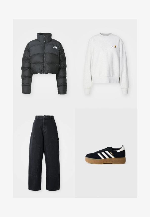 Gekürzte schwarze Daunenjacke mit hohem Kragen und Vorderreißverschluss. Sie verfügt über horizontale Stepppaneele und ein kleines Logo auf der Brust.; Grauer Rundhalsausschnitt-Pullover aus weichem Material mit gerippten Bündchen und Saum; mit gesticktem Logo auf der Brust in Gelb und Kastanienbraun.; Schwarze Denim Cargo-Hosen mit weitem Bein und hoher Taille, zwei großen Vordertaschen und einem Knopfverschluss an der Taille. Glatte Textur, lässiges Design.; Schwarzer Wildledersneaker mit weißen drei Streifen und goldfarbenem Logo. Gummisohle mit strukturiertem Grip. Klassisches Low-Top-Design, abgerundete Zehenkappe.