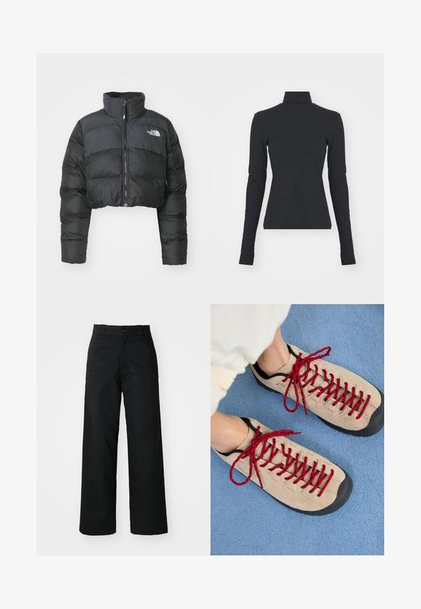 Afklippet sort pufferjakke med høj krave og frontlynlås. Har vandrette quiltede paneler og et lille logo på brystet.; Sort ribbet turtle neck bluse med lange ærmer, tætsiddende pasform, glat tekstur og subtil stræk, designet til komfort og lagdeling.; Sorte vide bukser med flad front, knaplukning og bæltestropper. Fremstillet af holdbart stof med en glat tekstur.; Beige sko med røde snørebånd, placeret på en blå tekstureret overflade, delvist synliggørende en persons ankel. Skoene har et sporty design.