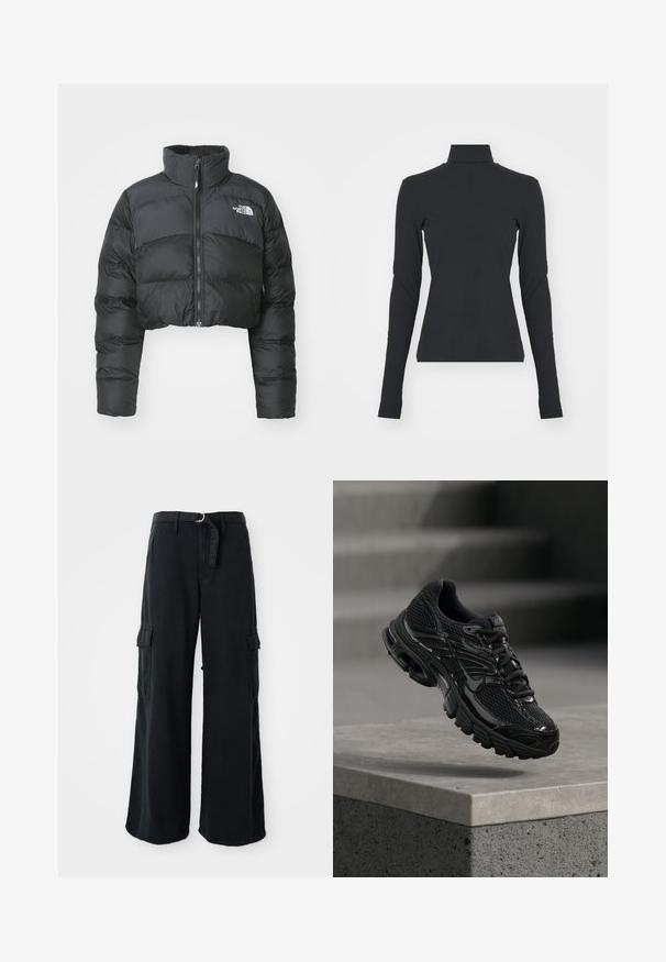 Gekürzte schwarze Daunenjacke mit hohem Kragen und Vorderreißverschluss. Sie verfügt über horizontale Stepppaneele und ein kleines Logo auf der Brust.; Schwarzes, geripptes Rollkragenshirt mit langen Ärmeln, figurbetontem Schnitt, glatter Textur und dezentem Stretch, entworfen für Komfort und zum Schichten.; Schwarze, weit geschnittene Cargo-Hosen aus Baumwolle mit einem Bindegürtel, ausgestattet mit zwei Seitentaschen und einer glatten Stoffstruktur.; Schwarzer Nike Laufschuh mit Mesh- und Synthetik-Obermaterial, der über einer Betonfläche und Treppen im Hintergrund schwebt.
