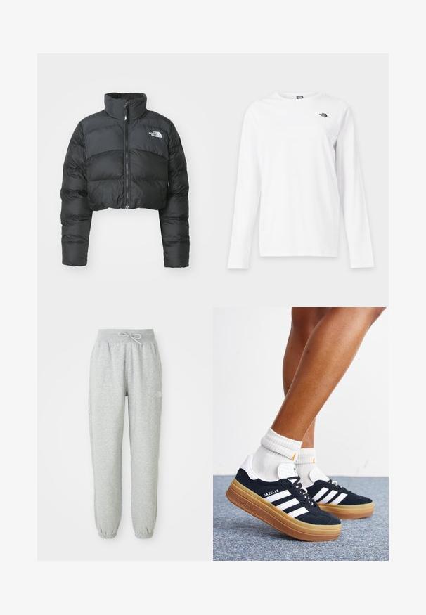Afklippet sort pufferjakke med høj krave og frontlynlås. Har vandrette quiltede paneler og et lille logo på brystet.; Hvid langærmet T-shirt med rund hals og lille sort The North Face-logo på venstre bryst.; Grå sweatpants med elastisk talje og snøre. Stoffet er blødt, og de har elastiske manchetter ved anklerne samt et logoaccent.; Ben iført hvide sokker og sorte Adidas Gazelle sneakers med hvide striber og tykke brune såler på et gråt tæppe.