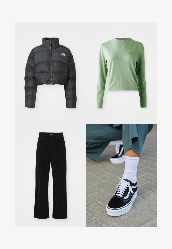 Korte zwarte pufferjack met een hoge kraag en een ritssluiting aan de voorkant. Beschikt over horizontaal gestikte panelen en een klein logo op de borst.; Lichtgroene longsleeve t-shirt van zacht katoen, met een ronde hals en een klein bedrukt logo aan de bovenlinkerzijde.; Zwarte corduroy wijde broek met een hoge taille, voorzien van een voospan knoop- en ritssluiting, en een verticale ribstructuur overal.; Zwarte suède sneaker met witte accenten en veters, uitgerust met een dikke witte zool en contrasterende stiksels, gecombineerd met een witte sok.