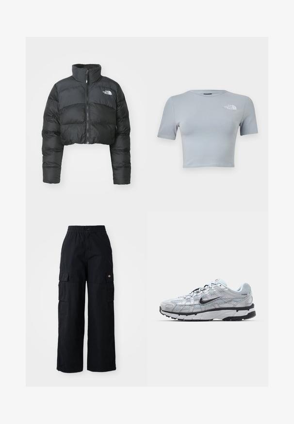 Korte zwarte pufferjack met een hoge kraag en een ritssluiting aan de voorkant. Beschikt over horizontaal gestikte panelen en een klein logo op de borst.; Lichtgrijs cropped T-shirt met korte mouwen, een ronde hals en wit "The North Face" logo op de linkerborst.; Zwarte cargobroek met een elastische tailleband en een knop. Heeft twee grote zijzakken en een logo patch op het linkerpijp. Wijde pijpdesign.; Nike P-6000 sneakers met een lichtgrijze mesh bovenkant, zwarte accenten en een duurzame zwarte rubberen zool. Kenmerkt zich door een ingewikkeld ontwerp en vetersysteem.