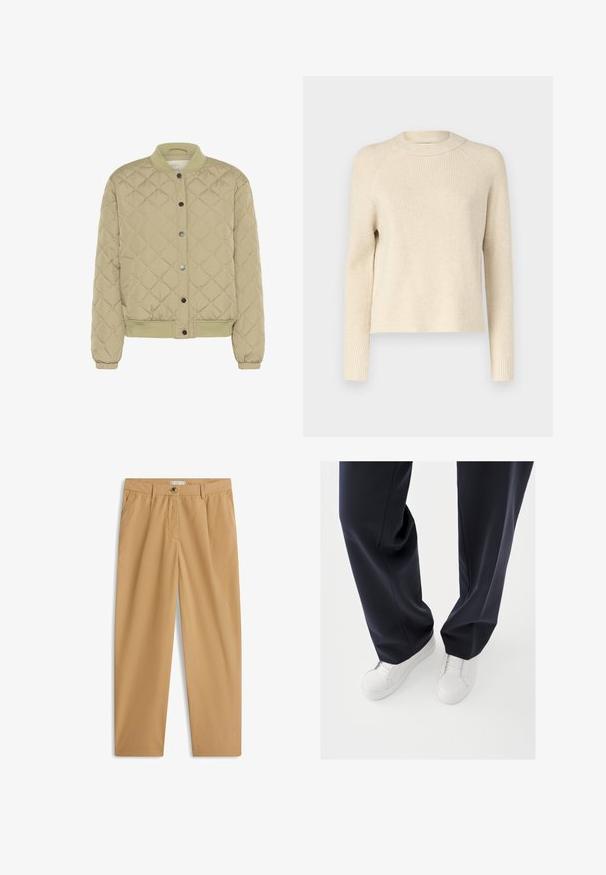 Veste bomber matelassée vert olive avec un col ribé, des boutons-pression et des poignets élastiques. Présente un motif en losanges texturé et des poches latérales.; Pull en tricot côtelé couleur crème avec un col rond, des manches longues et une coupe droite. Texture douce avec des variations tonales subtiles.; Pantalon beige décontracté à jambes droites avec poches latérales, passants pour ceinture, fermeture par bouton et braguette zippée.; Baskets blanches avec semelles en caoutchouc texturées et lacets plats, associées à un pantalon bleu marine foncé affichant un tissu fluide et ample et une coupe ajustée.