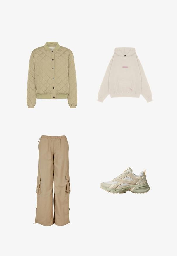 Quiltet olivengrøn bomberjakke med ribbet krave, snapknapper og elastiske manchetter. Har et struktureret diamantmønster og sidelommer.; Pegador THEA OVERSIZED - Hættetrøje - vintage moon grey; Beige cargo bukser med elastisk talje, to sidelommer og mesh-detaljer; fremstillet af letvægts, tekstureret stof.; Lysebeige og cremefarvet atletiksneakers med mesh- og ruskindspaneler, tyk sål og træksløjfe ved hælen.