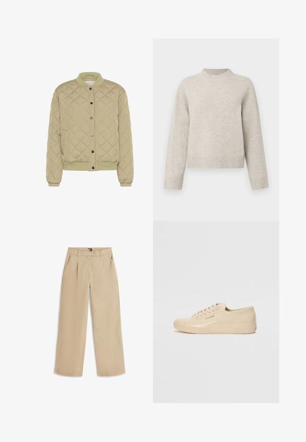 Veste bomber matelassée vert olive avec un col ribé, des boutons-pression et des poignets élastiques. Présente un motif en losanges texturé et des poches latérales.; Pull en tricot épais gris clair avec un col rond, des épaules tombantes et des bords côtelés aux poignets et à l'ourlet. Texture douce, coupe décontractée.; Pantalon beige droit avec plis devant, poches latérales, passants de ceinture et petite étiquette logo à l'intérieur de la ceinture.; Baskets beiges montantes avec une finition brillante, dotées d'une semelle en caoutchouc texturée, d'un bout rond et de six œillets pour les lacets.