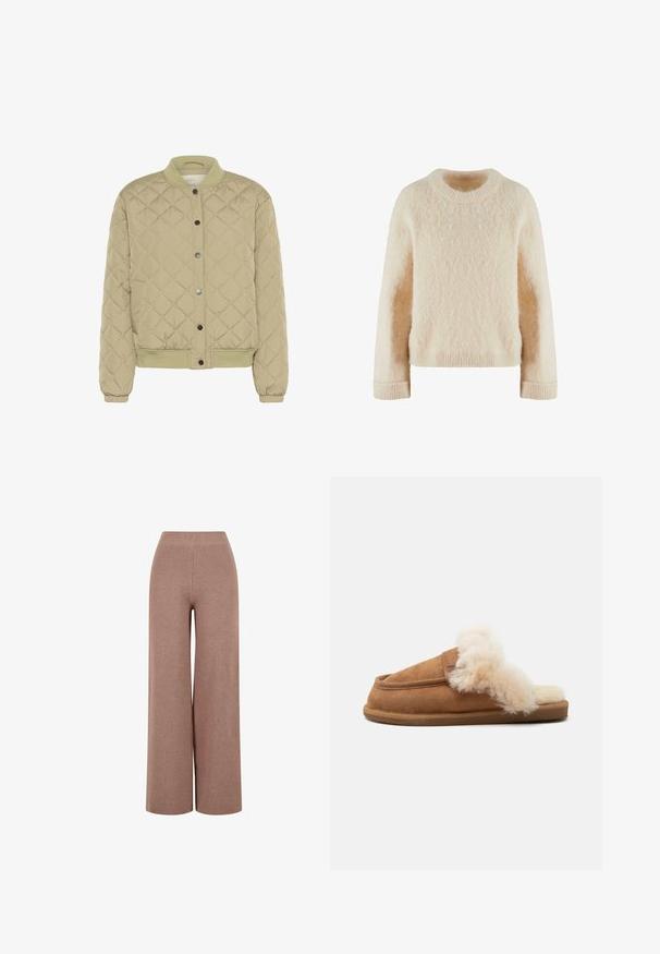 Veste bomber matelassée vert olive avec un col ribé, des boutons-pression et des poignets élastiques. Présente un motif en losanges texturé et des poches latérales.; Un pull en tricot couleur crème avec un col rond, des manches longues et une finition douce et texturée. Bords-côtes aux poignets et à l'ourlet pour une meilleure structure.; Pantalon taille haute à jambes larges en maille marron clair texturée, avec une taille ajustée et sans fermetures visibles.; Chausson en daim marron à enfiler avec doublure et bordure en fourrure crème duveteuse, semelle plate, montré de côté sur fond blanc.