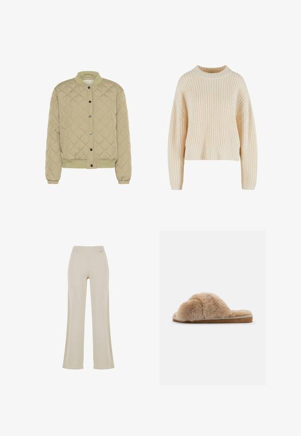 Veste bomber matelassée vert olive avec un col ribé, des boutons-pression et des poignets élastiques. Présente un motif en losanges texturé et des poches latérales.; Pull en tricot crème avec un col haut en côtes, des manches larges et un motif texturé sur l'ensemble. Design court avec un ourlet en côtes.; Pantalons larges beige avec une texture en ribbed lisse, taille élastique et sans ornements visibles, offrant une silhouette décontractée.; Chausson en peluche beige avec une texture douce, à dos ouvert et doublure intérieure. Semelle plate avec une base marron clair et des coutures beiges.