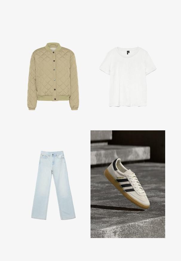 Veste bomber matelassée vert olive avec un col ribé, des boutons-pression et des poignets élastiques. Présente un motif en losanges texturé et des poches latérales.; T-shirt blanc à manches courtes avec un col rond, fabriqué en tissu léger. Design simple, texture lisse et ourlet droit.; Jean bleu clair taille haute à jambe droite avec bouton et fermeture éclair à l'avant, poches avant et arrière, présenté sur fond blanc.; Baskets Adidas Spezial blanches avec des rayures noires et une semelle en gomme flottant au-dessus de marches en pierre grises à l'extérieur.