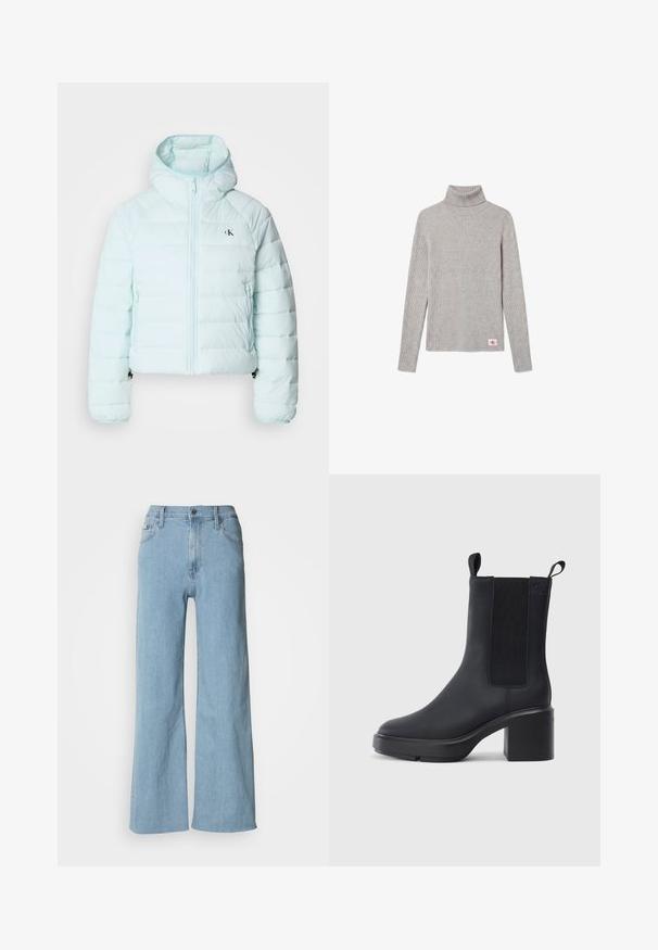 Calvin Klein Jeans LIGHTWEIGHT QUILTED JACKET PACKA - Übergangsjacke - light blue; Hellgrauer gerippter Rollkragenpullover mit langen Ärmeln und einem kleinen rot-weißem CK-Logo-Patch nahe dem unteren Saum.; Hellblaue weite Jeans aus Denim, mit einer enganliegenden Taille, Fünf-Taschen-Design und dezenten Nähdetails.; Schwarze Knöchelstiefel aus glattem Gummi-Material, mit elastischen Seitenpaneelen, Blockabsatz und Zugschlaufen oben für ein einfaches Anziehen.