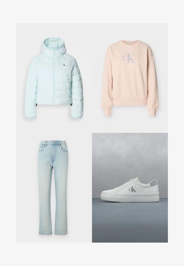 Calvin Klein Jeans LIGHTWEIGHT QUILTED JACKET PACKA - Overgangsjakke - light blue; Lyserød Calvin Klein sweatshirt med lange ærmer, rund hals, ribstrikkede manchetter og frontlogo i lysegrå og hvide bogstaver.; Lyseblå jeans med høj talje og lige ben, med forreste knap, bæltestropper og klassisk femlomme design mod en ensfarvet baggrund.; Hvide lædersneakers med flad sål, der har en diskret grå hælaccent og et fremtrædende 'CK' logo på siden.