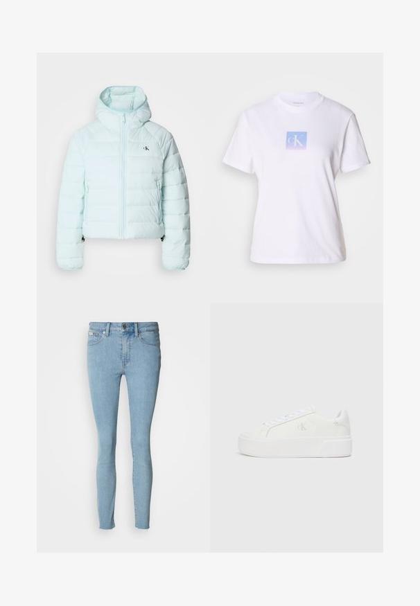Calvin Klein Jeans LIGHTWEIGHT QUILTED JACKET PACKA - Veste mi-saison - light blue; T-shirt en coton blanc avec un graphique carré pastel bleu et lavande portant les lettres "cK" centrées sur le devant. Manches courtes, col rond.; Jean skinny bleu clair en denim. Présente une taille haute, un design à cinq poches et un léger effilochage au niveau de l'ourlet.; Baskets plateformes blanches avec une tige en cuir lisse, bout arrondi, lacets blancs et un logo discret sur le côté. Semelle en caoutchouc plate.