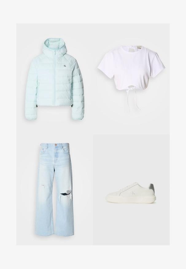 Calvin Klein Jeans LIGHTWEIGHT QUILTED JACKET PACKA - Overgangsjakke - light blue; Hvid cropped t-shirt lavet af glat stof. Den har en rund halsudskæring, korte ærmer og en justerbar snoretræk i bunden.; Lyseblå brede jeans lavet af denim, med høj talje, store revner ved knæene og et klassisk fem-lomme design med kobberhardware.; Hvide sneakers lavet af læder med en glat tekstur, forsynet med en sølvaccent på hælen, flad sål og minimalistisk design.