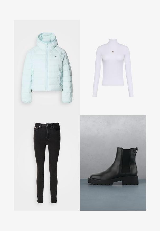 Calvin Klein Jeans LIGHTWEIGHT QUILTED JACKET PACKA - Ľahká bunda - light blue; Biely dlhý rukáv s rolákom a malou nášivkou loga Calvin Klein umiestnenou v strede na hrudi.; Čierne úzke rifle z denimu s hladkou textúrou, s dizajnom piatich vreciek, pútkami na opasok a kovovým zapínaním na gombík.; Čierne kožené Chelsea čižmy s elastickými bočnými panelmi, textúrovaným povrchom a robustnou podrážkou, umiestnené nad hnedými drevenými dlaždicami s kamienkami.