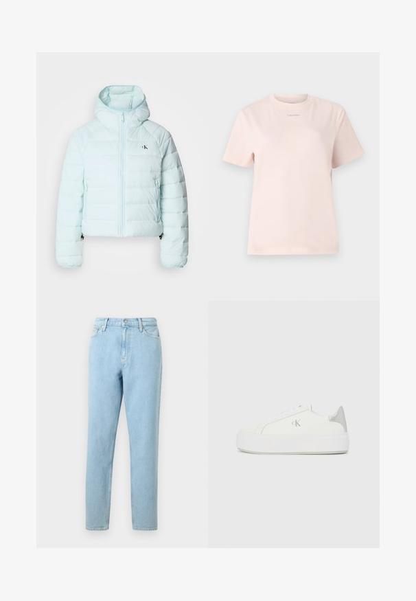 Calvin Klein Jeans LIGHTWEIGHT QUILTED JACKET PACKA - Ľahká bunda - light blue; Svetloružové bavlnené tričko s okrúhlym výstrihom, krátkymi rukávmi a malým logom "Calvin Klein" natlačeným v zodpovedajúcej farbe na hrudi.; Svetlomodré džínsy s rovnými nohavicami, dizajnom piatich vreciek a zapínaním na gombík. Obsahujú jemné vyblednutia a hladký povrch.; Biele plátené tenisky s hrubou bielou podrážkou, so strieborným kovovým akcentom na päte a jemným logom na boku.