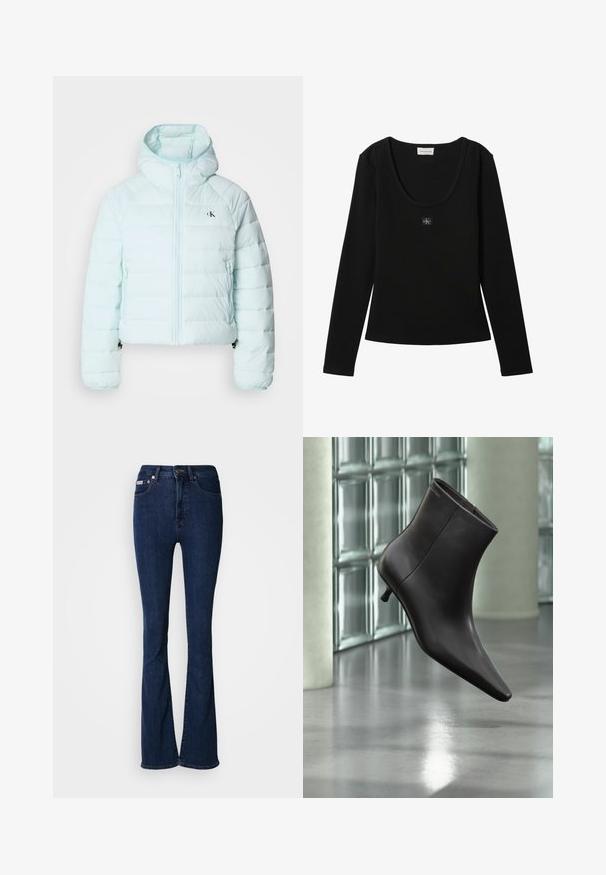 Calvin Klein Jeans LIGHTWEIGHT QUILTED JACKET PACKA - Jas - light blue; Zwarte geribde top met lange mouwen, ronde halslijn en klein Calvin Klein-logo patch in het midden van de borst.; Donkerblauwe uitlopende jeans van denim met een hoge taille, voorzien van een ritssluiting, knoopsluiting en subtiele stikdetails.; Zwarte leren enkellaars met puntige neus en lage hak, afgebeeld tegen een glazen blokkenmuur en gepolijste vloer op de achtergrond.