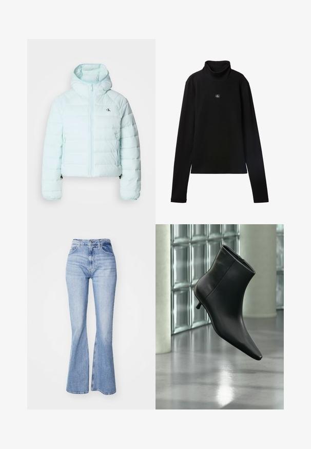 Calvin Klein Jeans LIGHTWEIGHT QUILTED JACKET PACKA - Veste mi-saison - light blue; Haut noir à col roulé côtelé à manches longues avec petit patch carré du logo Calvin Klein centré sur la poitrine.; Jean flare bleu clair en denim, avec taille haute, design à cinq poches et légères décolorations le long des jambes.; Bottine en cuir noir à bout pointu et petit talon kitten, présentée en angle devant un sol poli et un mur en blocs de verre.