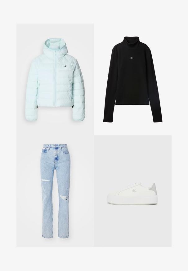Calvin Klein Jeans LIGHTWEIGHT QUILTED JACKET PACKA - Ľahká bunda - light blue; Čierny rebrovaný top s dlhým rukávom a rolákom s malou štvorcovou nášivkou s logom Calvin Klein uprostred na hrudi.; Svetlomodré vysoké džíny vyrobené z denimu, s dvoma roztrhnutiami na kolenách, rovnými nohavicami a viditeľným stehom na páse a na lemoch.; Biele plátené tenisky s hrubou bielou podrážkou, so strieborným kovovým akcentom na päte a jemným logom na boku.