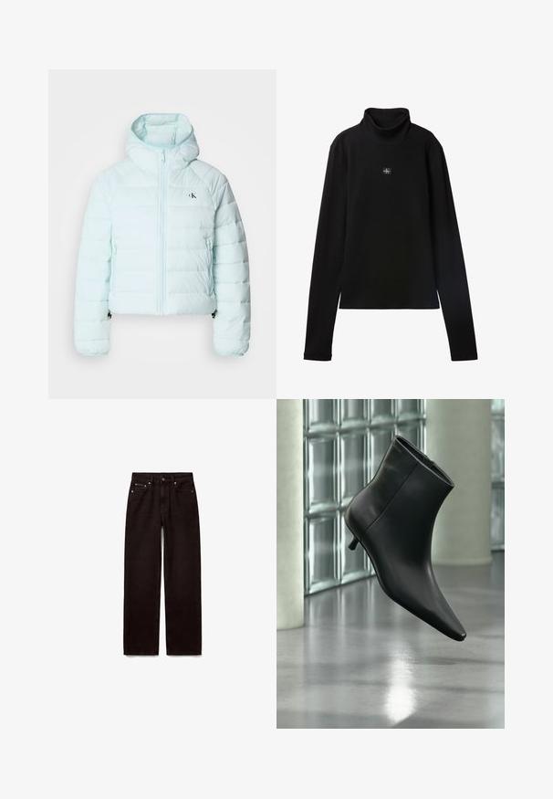Calvin Klein Jeans LIGHTWEIGHT QUILTED JACKET PACKA - Overgangsjakke - light blue; Sort ribstrikket bluse med lange ærmer og lille firkantet Calvin Klein-logo placeret centralt på brystet.; Sorte jeans med lige ben, forreste knap og lynlås, to forlommer og bæltestropper på hvid baggrund.; Sort læderankelstøvle med spids tå og lav kitten-hæ, vist vinklet mod en poleret gulv- og glasblokvæg.