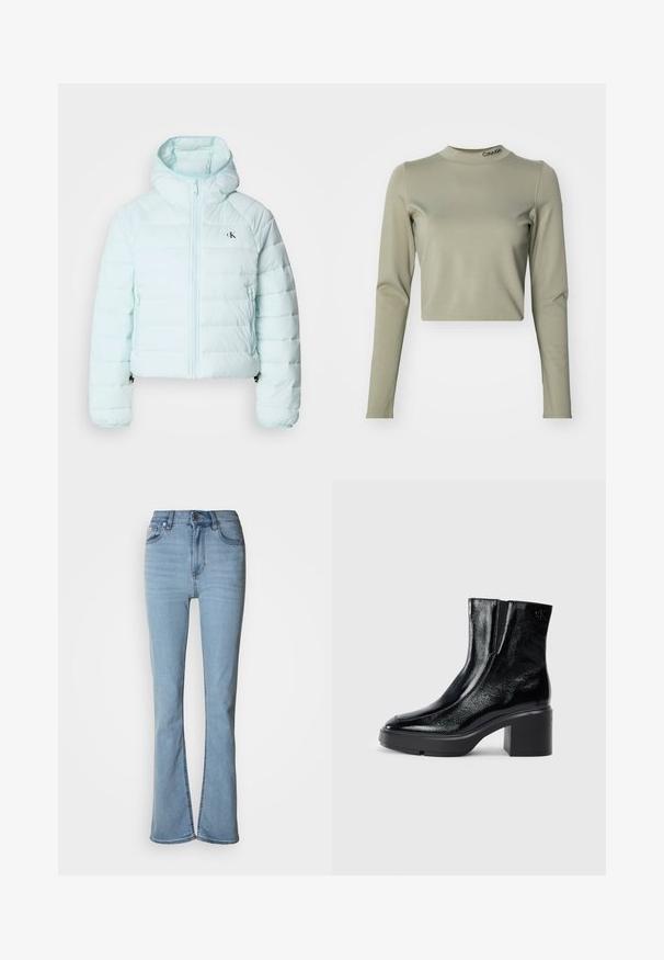 Calvin Klein Jeans LIGHTWEIGHT QUILTED JACKET PACKA - Ľahká bunda - light blue; Zrezaný dlhý rukáv top v svetlo olivovej farbe, vyrobený z hladkej elastickej tkaniny, s vysokým výstrihom a logom Calvin Klein na golieri.; Svetlomodré džínsové nohavice s vysokým pásom, rovnými nohavicami a detailom štiepania pri členkoch. Majú päť vreciek a gombíkovú légu.; Čierne lakované členkové topánky s zakrivenou špičkou, elastickými bočnými panelmi a masívnym blokovým opätkom. S embosovaným logom na zadnej strane.