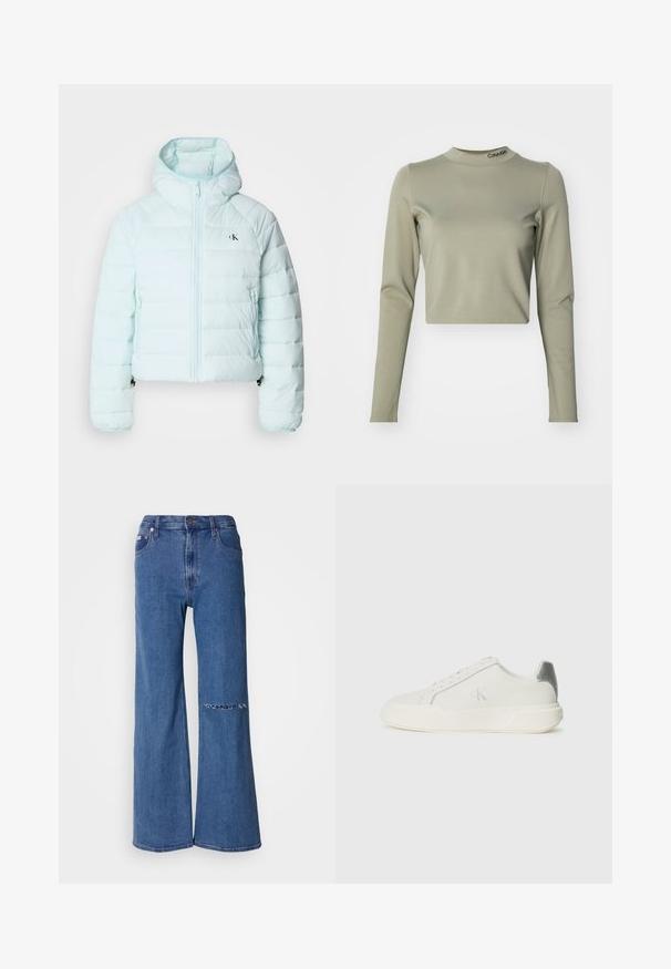 Calvin Klein Jeans LIGHTWEIGHT QUILTED JACKET PACKA - Overgangsjakke - light blue; Besluttede langærmede top i lys olivengrøn, lavet af glat strækstof, med høj halsudskæring og et Calvin Klein-logo ved kraven.; Bredde jeans i mellemmørk blå denim, med høj talje, forlommer og et slidt lap-detalje på venstre knæ.; Hvide sneakers lavet af læder med en glat tekstur, forsynet med en sølvaccent på hælen, flad sål og minimalistisk design.
